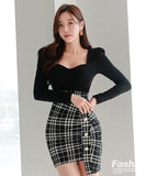 ミニドレス キャバドレス セクシー 韓国風 スクエアネック チェック切り替え タイト 長袖 小柄さん向け デートコーデ オフィスOK JC2-ZED88396A71