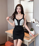 【3色】ミニドレス キャバドレス セクシー ローカット Vネック ジップ バイカラー ボディコン 指名 クラブ JC2-YM8894