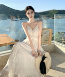 ロングドレス キャバドレス セクシー フレンチ ピュア レース切替 Vネック キャミソール ドレープ エアリー ボリューム感 JC2-XHY918830