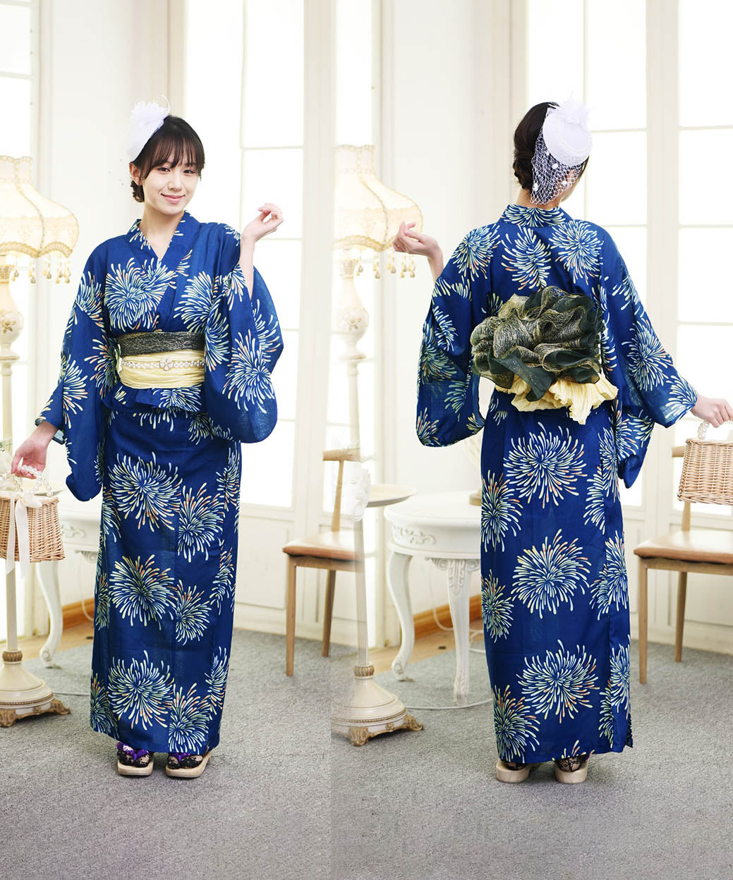 花火柄 二部式 浴衣 3点セット 浴衣帯セット 花見 花火大会 浴衣