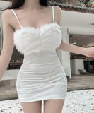 【2色】 ミニドレス キャバドレス セクシー キャミワンピース フェザー切り替え シースルー タイトミニドレス LW2-DD6012