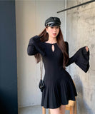 【2色】 ミニドレス キャバドレス セクシー ヘプバーン ニットワンピース トランペットスリーブ フレアスカート Aライン お出かけ デートLW2-OYF64044