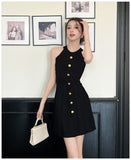 【2色】ミニドレス オードリー風 ホルターネック ニット エレガント Ａライン ウェストシェイプ 痩せ見え デート パーティー JC2-MLS8378