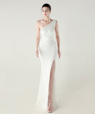 ロングドレス キャバドレス セクシー ワンショルダー サテン タイト マーメイドドレス プリーツ スリット入り 夜会 パーティー 結婚式 JC2-YEY33598