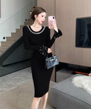 【4色】膝丈ドレス キャバドレス ビジュー付き ニット 韓国風 タイト ボディコン おしゃれ 着痩せ デート お出かけ パーティー 結婚式 JC2-ZED88643GT510D