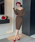 【5色】膝丈ドレス キャバドレス 上品Vネック 配色 ニットワンピース エレガント 大人可愛い ツイード風 長袖 JC2-DD5603