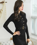 Lady's coco 膝丈ドレス キャバドレス セクシー 韓国スタイル ニットタイトワンピ 半ハイネック スリムフィット ウエストマーク ミディ丈 LW2-DD6029