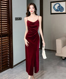 【2色】ロングドレス キャバドレス  セクシー キャミワンピース パールストラップ ベロア素材 フレンチガーリー  ウエストマーク 細見え  大人可愛い LW2-OYF655#6505##50