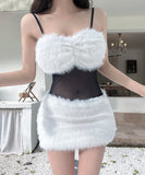 【2色】 ミニドレス キャバドレス セクシー キャミソールワンピース 透けメッシュ×フェザー切り替え タイトセクシー ドレス Vネック LW2-DD6013