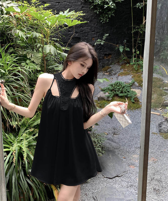 2色ミニドレスAラインホルターネックレース着痩せ気質体型カバーノースリーブエレガント同伴 WQ2-XKD-D237-2649-May0