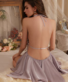 【6色】ルームウェア ランジェリー セクシー バックオープン ホルターネック ローカット 谷間メイク パッド付き バタフライデザイン ガウン付きセット JC8-GRP3945