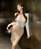 【2色】膝丈ドレス セットアップ 大人可愛い タイトワンピース キャミソール レースカーディガン 上品 着痩せ デート お出かけ 結婚式 JC2-XKDD408A-2087-Sep16