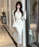 【3色】ロングドレス キャバドレス セクシー Vネック レース切り替え タイトワンピース ベルト付き 上品 シルエット LW2-DD6011