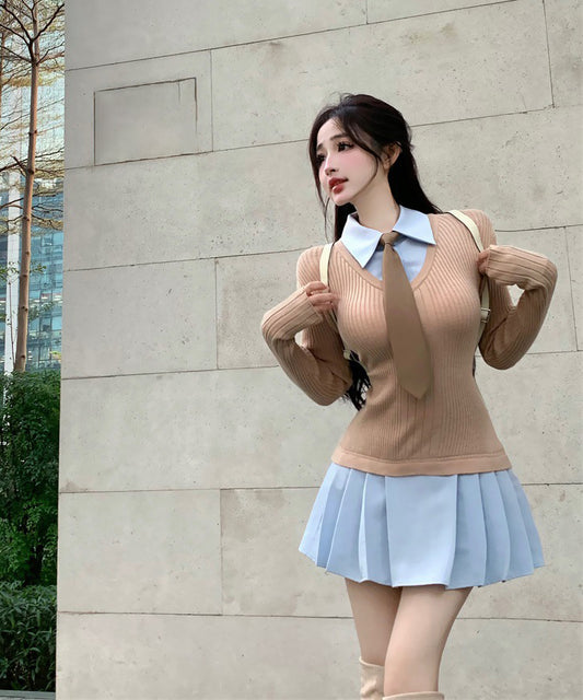 【秋新作】ミニドレス キャバドレス プレッピースタイル  ウエストマーク プリーツスカート 大人可愛い デート LW2-XKDD335A-3139-Sep21