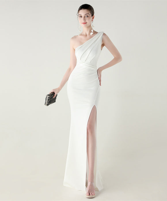 ロングドレス キャバドレス セクシー ワンショルダー サテン タイト マーメイドドレス プリーツ スリット入り 夜会 パーティー 結婚式 JC2-YEY33598