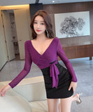 【3色】ミニドレス キャバドレス セクシー オフショルダー メッシュ タイトワンピース Vネック 長袖 伸縮性あり  LW2-DD5832