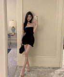 【2色】ミニドレスキャバドレスベアトップキラキラフラワーパーティーフリル非対称ナイトクラブ肌見せセクシー WQ2-DD4373