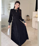 【ロング＆ミニ】ヘップバーン風 ベロアドレス ビジュー 上品 デート 女子会 LW2-DD6026