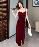 【2色】ロングドレス キャバドレス  セクシー キャミワンピース パールストラップ ベロア素材 フレンチガーリー  ウエストマーク 細見え  大人可愛い LW2-OYF655#6505##50