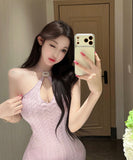 ミニドレス セクシー ハルターネック キーホールカット ケーブル編み タイトボディコン ラベンダー ビジュー留め具 セクシー フェミニン デート 秋冬コーデDQ2-ZED885587DXH443