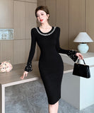 【4色】膝丈ドレス キャバドレス ビジュー付き ニット 韓国風 タイト ボディコン おしゃれ 着痩せ デート お出かけ パーティー 結婚式 JC2-ZED88643GT510D