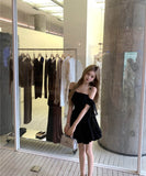 2色ミニドレスAラインオフショルダーリボン着痩せ気質体型カ韓国っぽ誕生日ドレスエレガント同伴 WQ2-XKD-D337B-3609-May28