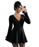 ミニドレス キャバドレス セクシー  ニットワンピース 長袖 Vネック フレア裾 ミニ丈 フェミニンスタイル LW2-YSQYDFG2420