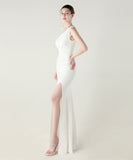 ロングドレス キャバドレス セクシー ワンショルダー サテン タイト マーメイドドレス プリーツ スリット入り 夜会 パーティー 結婚式 JC2-YEY33598