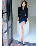 ミニドレス セクシー 韓国風 オフィスワンピ スリムフィット ウエスト見せ ストライプ タイト 出勤 お出かけ JC2-DD5678-1