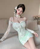 【3色】ミニドレス キャバドレス セクシー レース切り替え シースルー 長袖 タイトミニドレス ナイトクラブ 指名 JC2-DD5580