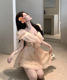 【2色】ミニドレスキャバドレスセクシーフリル着痩せ気質かわいいオフショルダー同伴Aライン WQ2-XKD-D318A-6280-Mar9