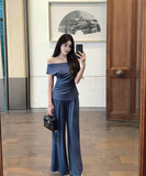 【2色】上下セットワイドパンツエレガントセクシーオフショルダー通勤女子力着痩せ気質同伴個性感 WQ2-DD4818