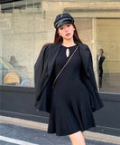 【2色】 ミニドレス キャバドレス セクシー ヘプバーン ニットワンピース トランペットスリーブ フレアスカート Aライン お出かけ デートLW2-OYF64044