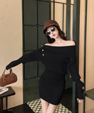 【3色】 ミニドレス キャバドレス セクシー ニットワンピース オフショルダー タイトフィット ペンシルスカート風  シックスタイル LW2-ZED883252GT510B