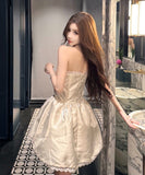 ミニドレス キャバドレス セクシー エレガント ビスチェ風 フレンチ風 パフスカート ウエストマーク 高見え レース×パール装飾 パーティー JC2-DD5746