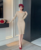 【5色】膝丈ドレス キャバドレス 上品Vネック 配色 ニットワンピース エレガント 大人可愛い ツイード風 長袖 JC2-DD5603