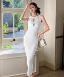 4色ロングドレスニットドレスセクシーノースリーブ谷間見せエレガント通勤 WQ2-ZED889095GT513