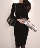 Lady's coco 膝丈ドレス キャバドレス セクシー 韓国スタイル ニットタイトワンピ 半ハイネック スリムフィット ウエストマーク ミディ丈 LW2-DD6029