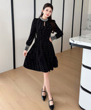 【ロング＆ミニ】ヘップバーン風 ベロアドレス ビジュー 上品 デート 女子会 LW2-DD6026