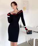 Lady's coco 膝丈ドレス キャバドレス セクシー 韓国スタイル 新作 バイカラー タイトワンピース オフショルダー LW2-DD6033