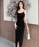 【2色】ロングドレス キャバドレス  セクシー キャミワンピース パールストラップ ベロア素材 フレンチガーリー  ウエストマーク 細見え  大人可愛い LW2-OYF655#6505##50