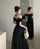 【2色】ロングドレスオフショルダーフリル着痩せ気質スリートカワセクシー宴会パーティー WQ2-XKD-D337B-3186-Mar9