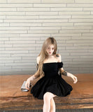 2色ミニドレスAラインオフショルダーリボン着痩せ気質体型カ韓国っぽ誕生日ドレスエレガント同伴 WQ2-XKD-D337B-3609-May28