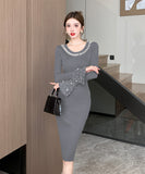 【4色】膝丈ドレス キャバドレス ビジュー付き ニット 韓国風 タイト ボディコン おしゃれ 着痩せ デート お出かけ パーティー 結婚式 JC2-ZED88643GT510D