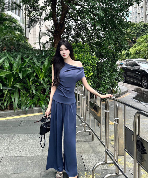 【2色】上下セットワイドパンツエレガントセクシーオフショルダー通勤女子力着痩せ気質同伴個性感 WQ2-DD4818