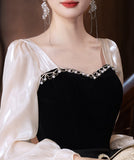 ロングドレス キャバドレス パーティードレス ベロア スクエアネック 長袖 フレアデザイン 二次会 披露宴 パーティー LW2-YZX027