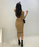 【2色】Lady's coco ロングドレス キャバドレス セクシー クルーネック 長袖 バイカラー ニットワンピース ポケット付き ウエストリボン LW2-DD6031