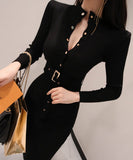 Lady's coco 膝丈ドレス キャバドレス セクシー 韓国スタイル ニットタイトワンピ 半ハイネック スリムフィット ウエストマーク ミディ丈 LW2-DD6029