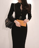 Lady's coco 膝丈ドレス キャバドレス セクシー 韓国スタイル ニットタイトワンピ 半ハイネック スリムフィット ウエストマーク ミディ丈 LW2-DD6029