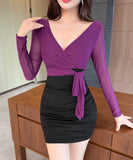 【3色】ミニドレス キャバドレス セクシー オフショルダー メッシュ タイトワンピース Vネック 長袖 伸縮性あり  LW2-DD5832